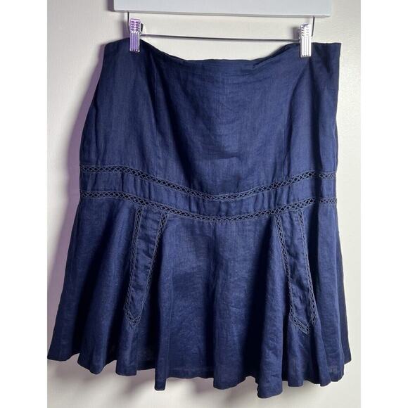 Lauren Ralph Lauren Size 14 Navy Fit & Flare Embroidered Cut Outs Linen Skirt - Picture 1 of 8